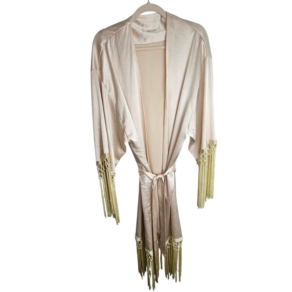 Camas Lilly Co Womens Maxi Satin Kimono Robe Fringe OS Boho Tassels Belted Waist